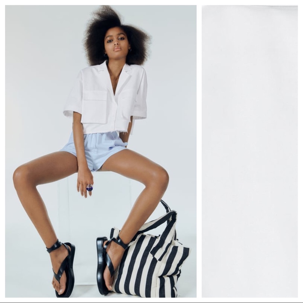 NWT. Zara White Cotton/Linen Pocket Cropped Shirt. Size XS.